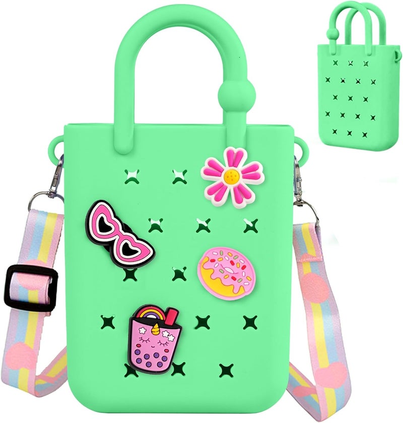 Oudizz Mini Rubber Tote Bag, Silicone Beach Tote for Little Girl & Woman, Cute Bag with 20 Charms & Adjustable Shoulder Strap - Image 1